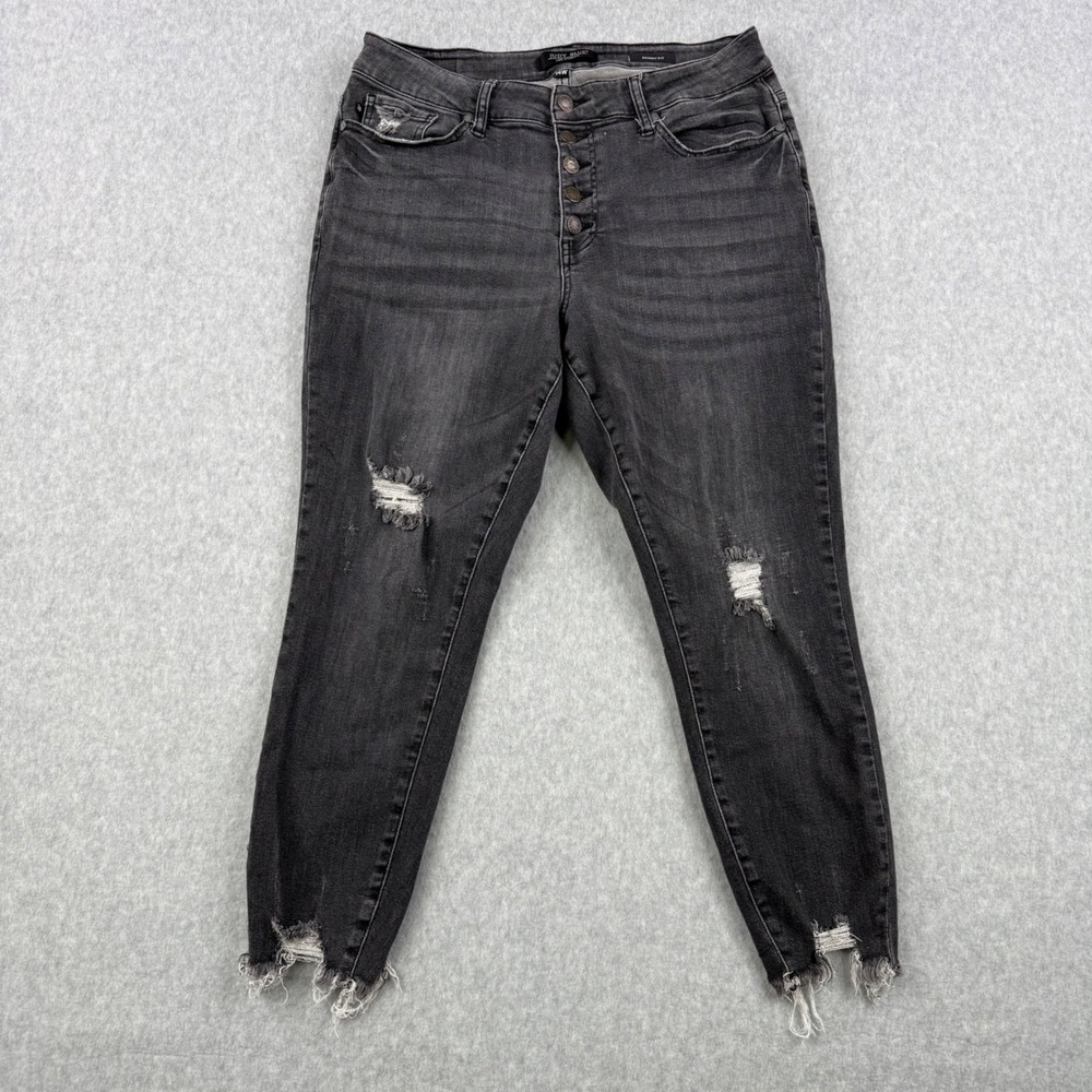 Judy Blue Jeans Womens 14W Black Skinny Distressed Raw Hem Button Fly Stretch